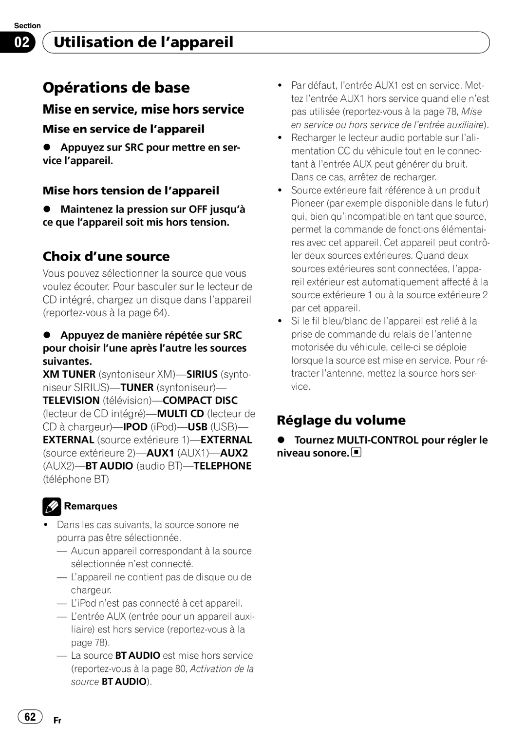 Pioneer DEH-P3000IB Utilisation de l’appareil Opérations de base, Mise en service, mise hors service, Choix d’une source 