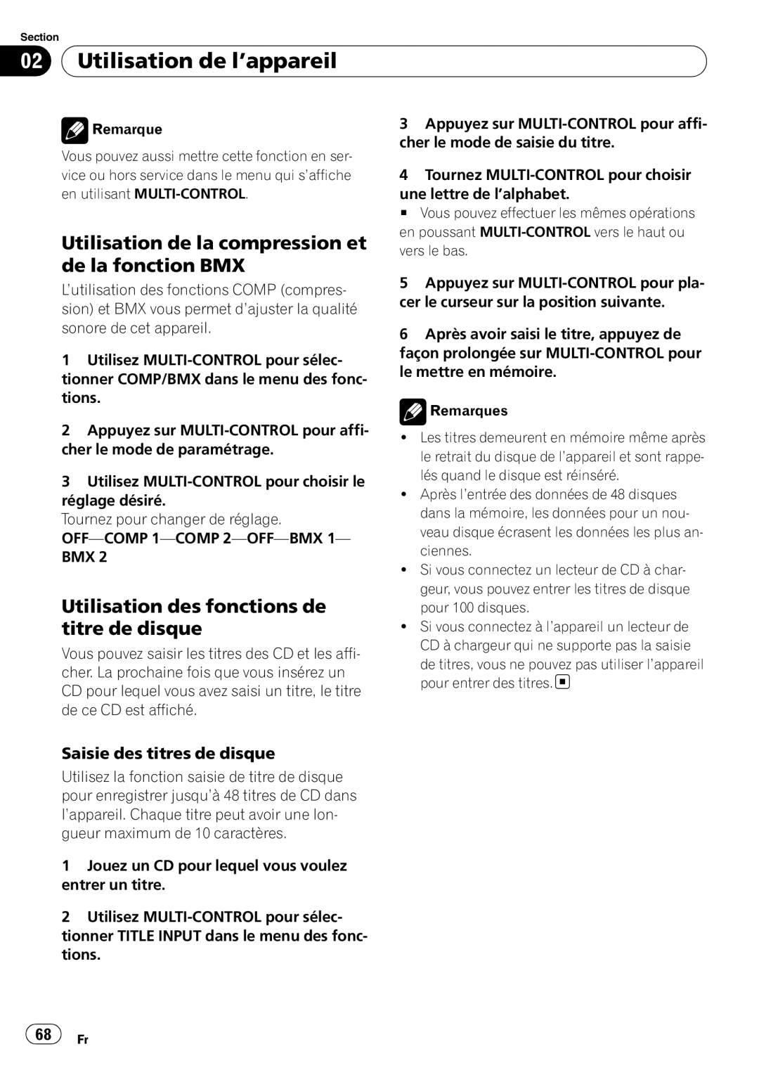 Pioneer DEH-P3000IB Utilisation de la compression et de la fonction BMX, Utilisation des fonctions de titre de disque 