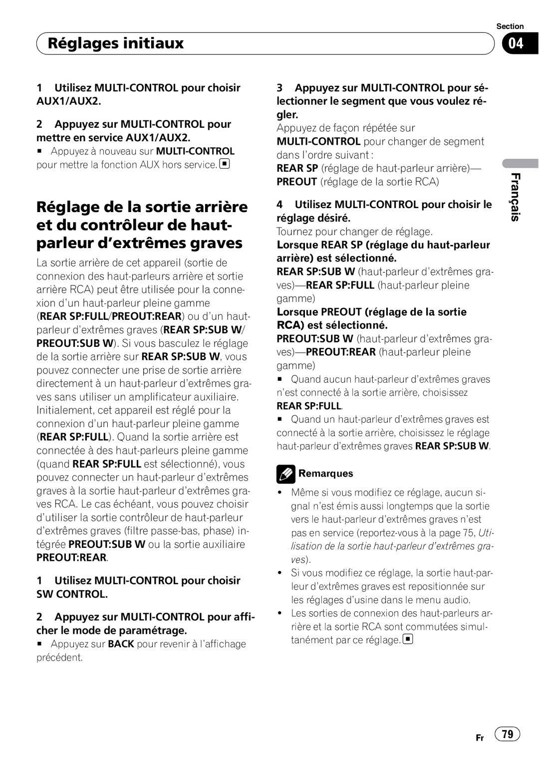 Pioneer DEH-P3000IB operation manual Réglages initiaux, Rear Spfull 