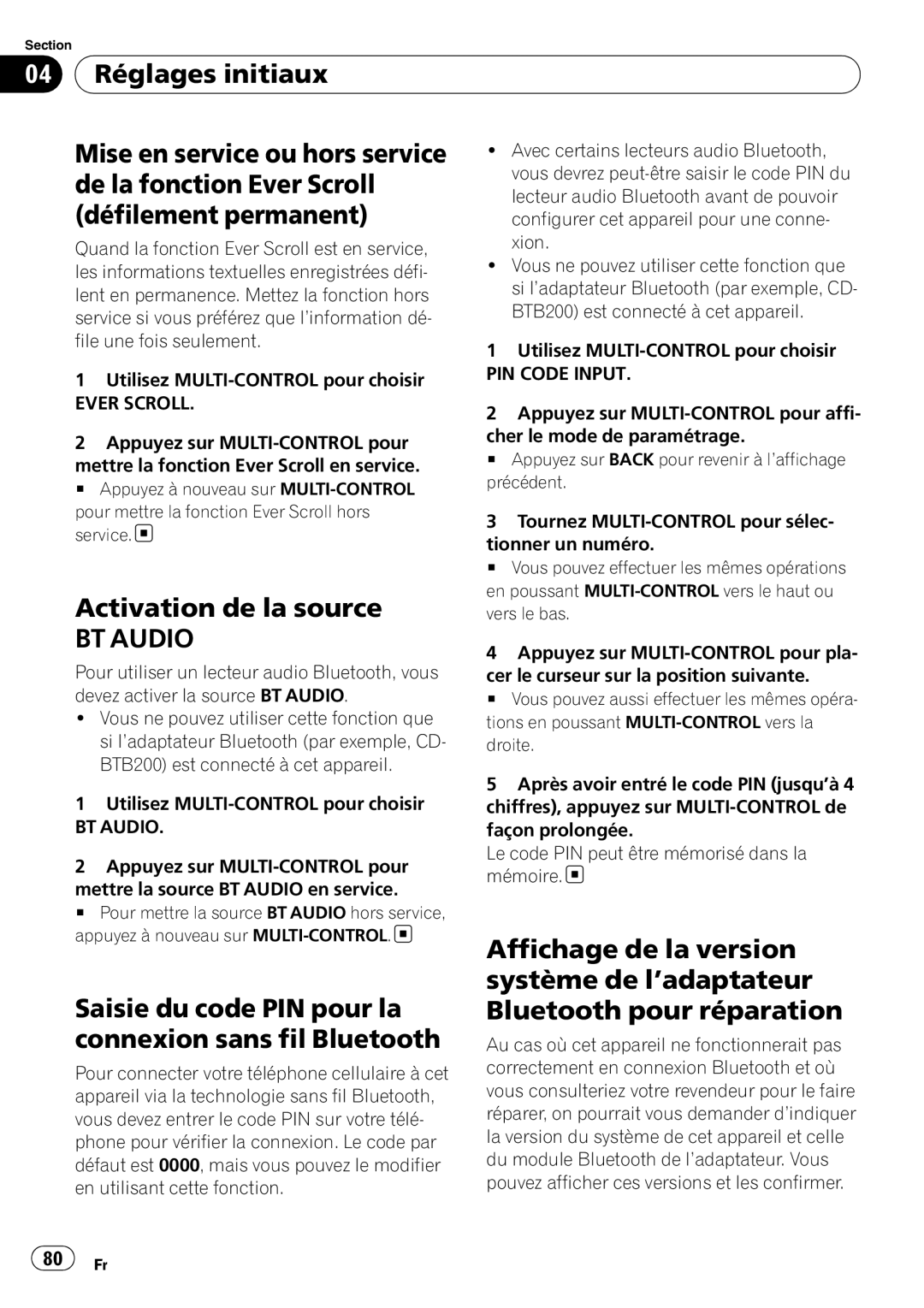 Pioneer DEH-P3000IB operation manual Activation de la source, Saisie du code PIN pour la connexion sans fil Bluetooth 