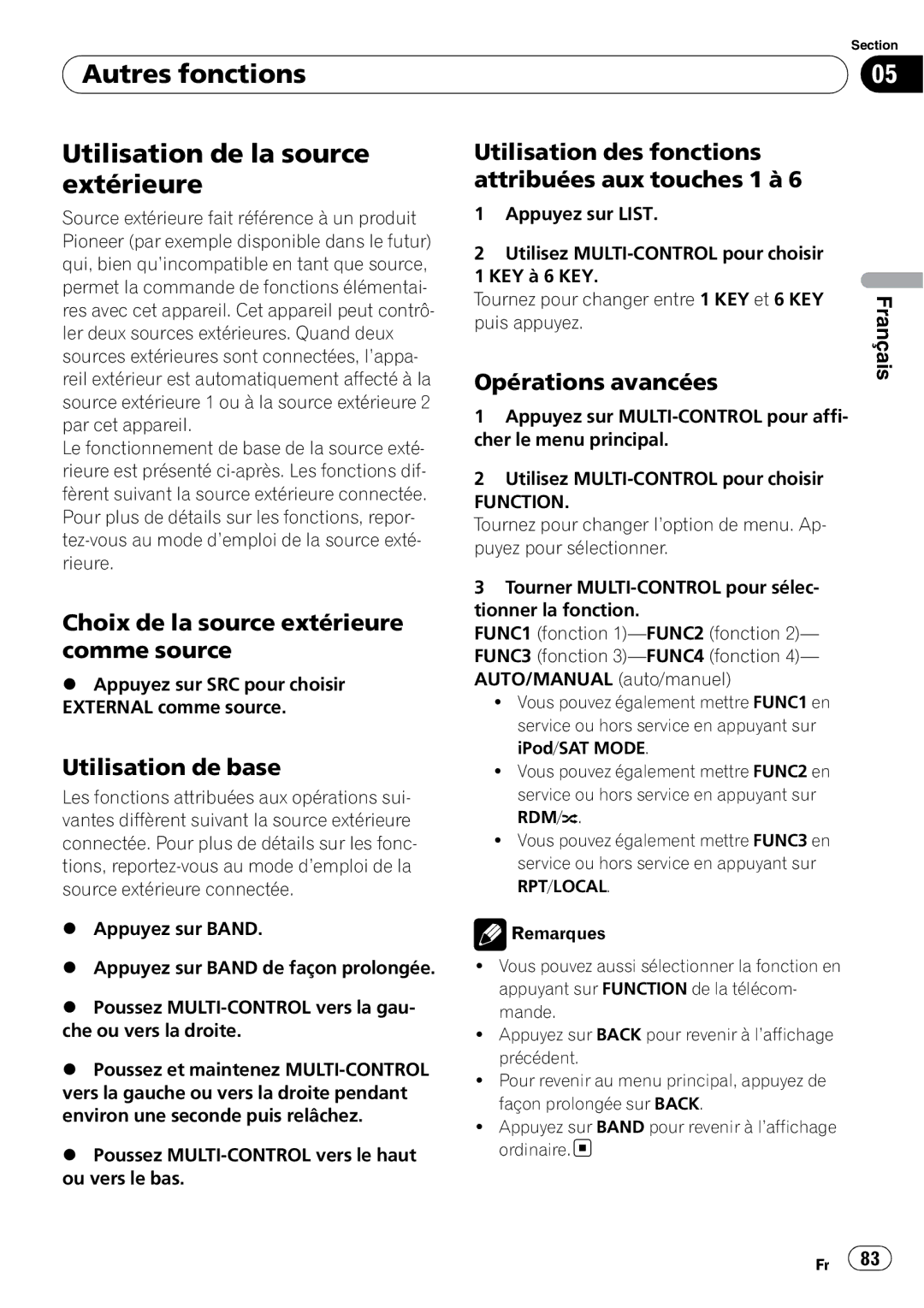 Pioneer DEH-P3000IB Autres fonctions Utilisation de la source extérieure, Choix de la source extérieure comme source 