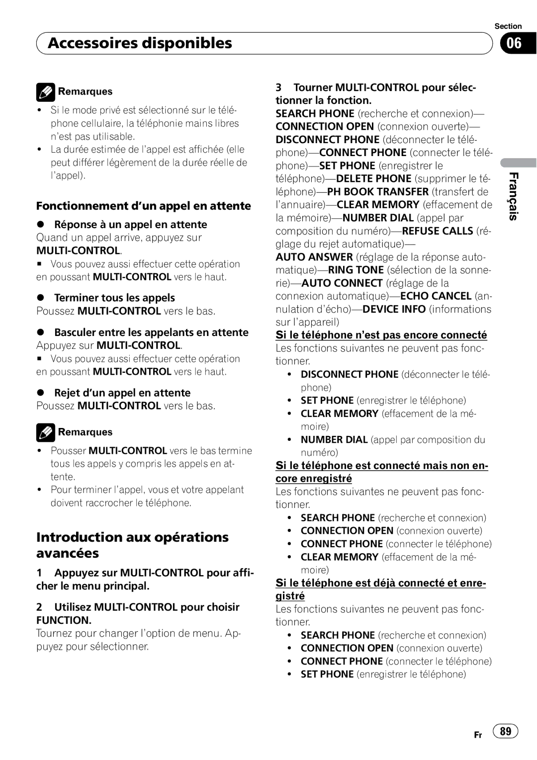 Pioneer DEH-P3000IB operation manual Introduction aux opérations avancées, Fonctionnement d’un appel en attente 