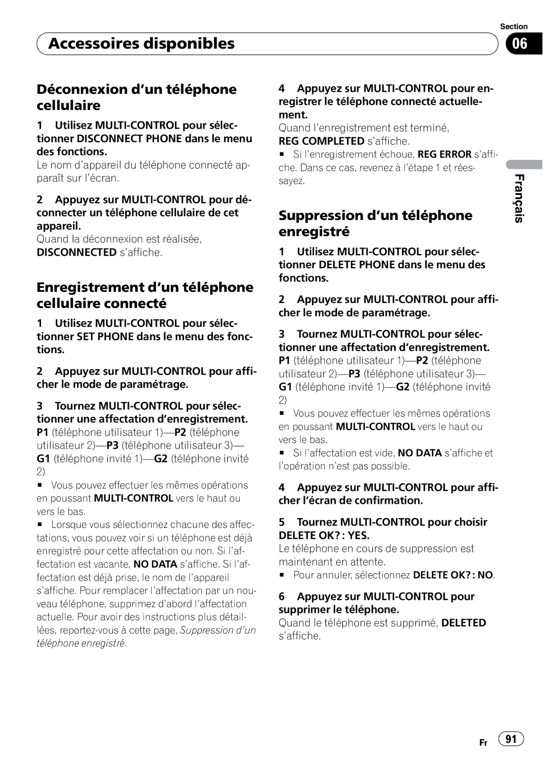 Pioneer DEH-P3000IB Déconnexion d’un téléphone cellulaire, Enregistrement d’un téléphone cellulaire connecté 