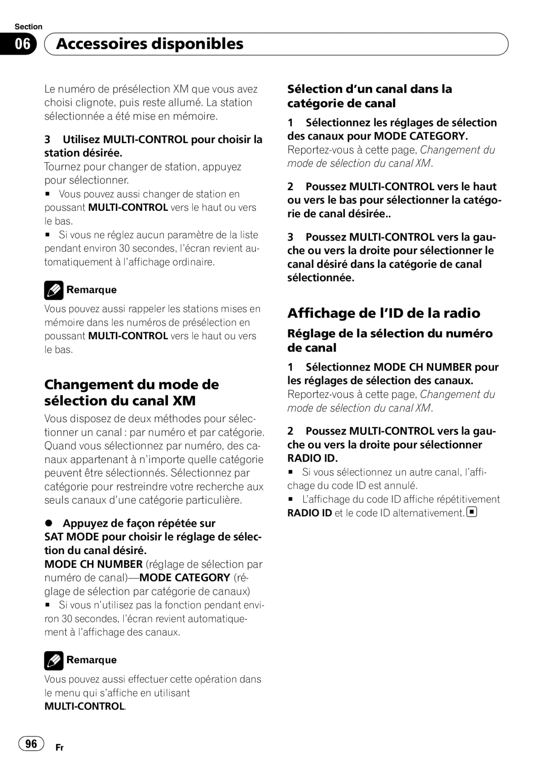 Pioneer DEH-P3000IB operation manual Changement du mode de sélection du canal XM, Affichage de l’ID de la radio, Radio ID 