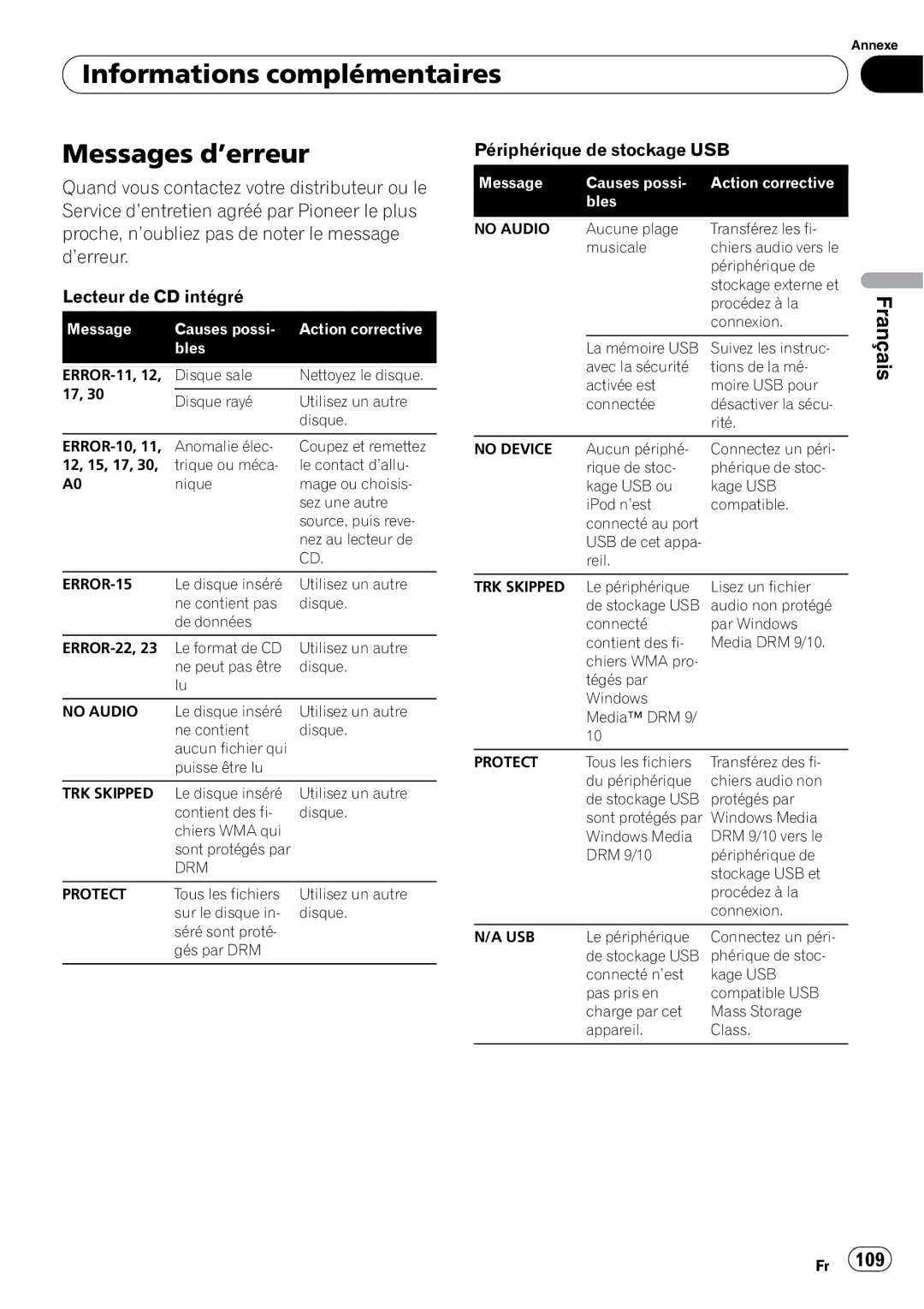 Pioneer DEH-P3100UB Informations complémentaires Messages d’erreur, Message Causes possi Action corrective Bles 