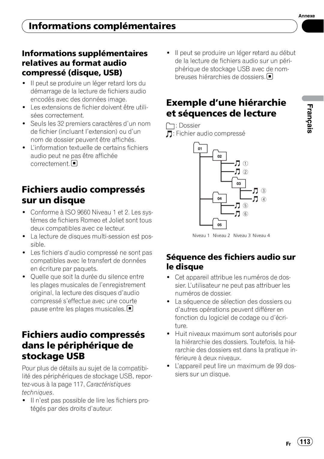 Pioneer DEH-P3100UB Fichiers audio compressés sur un disque, Exemple d’une hiérarchie, Et séquences de lecture 