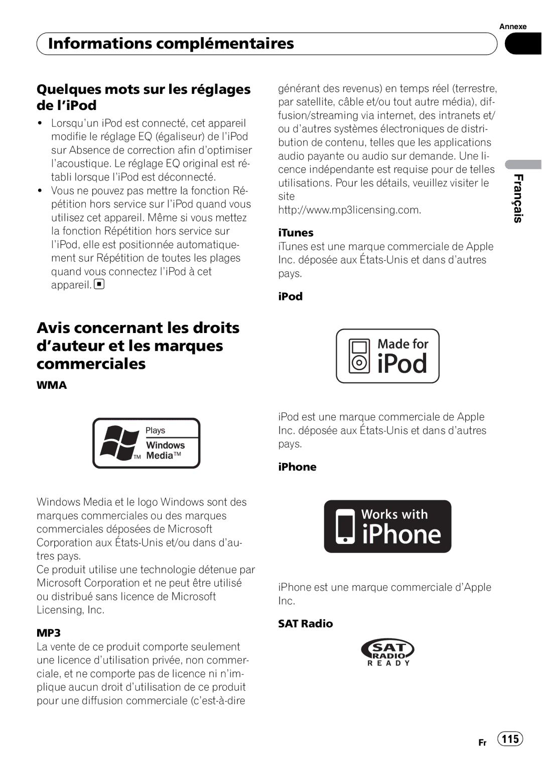 Pioneer DEH-P3100UB operation manual Quelques mots sur les réglages de l’iPod, Wma 