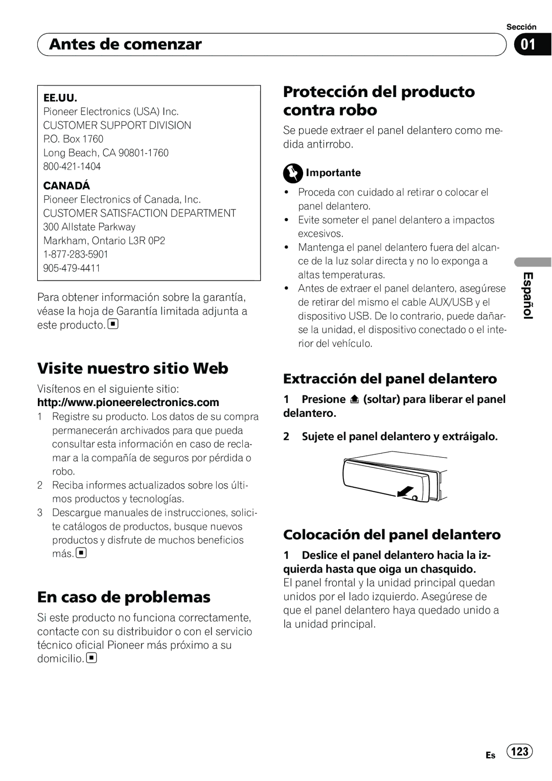 Pioneer DEH-P3100UB Antes de comenzar, Protección del producto contra robo, Visite nuestro sitio Web, En caso de problemas 