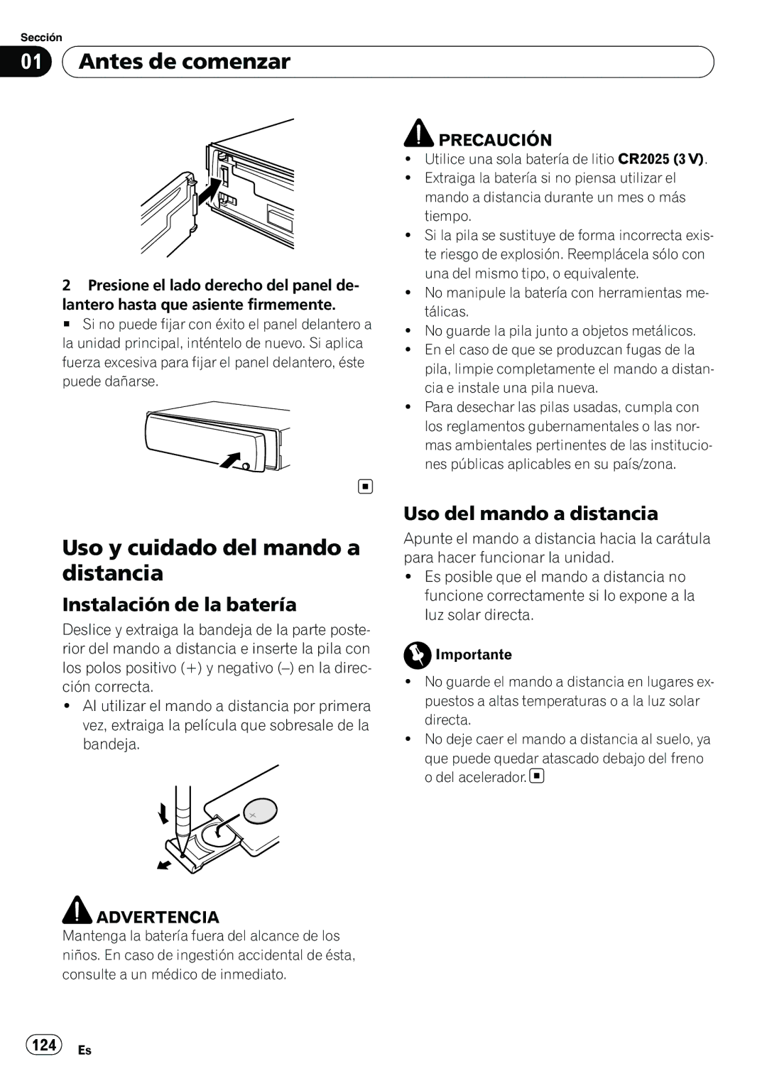 Pioneer DEH-P3100UB Uso y cuidado del mando a distancia, Instalación de la batería, Uso del mando a distancia, 124 Es 