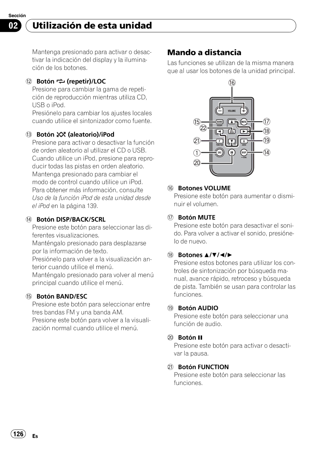 Pioneer DEH-P3100UB operation manual Utilización de esta unidad, Mando a distancia, 126 Es 