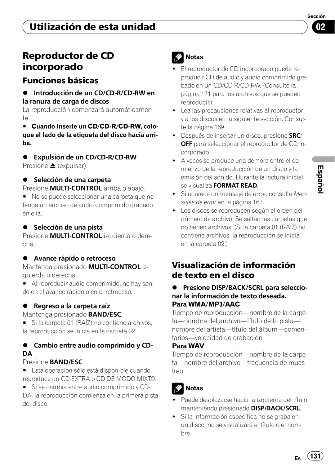 Pioneer DEH-P3100UB operation manual Utilización de esta unidad Reproductor de CD incorporado 