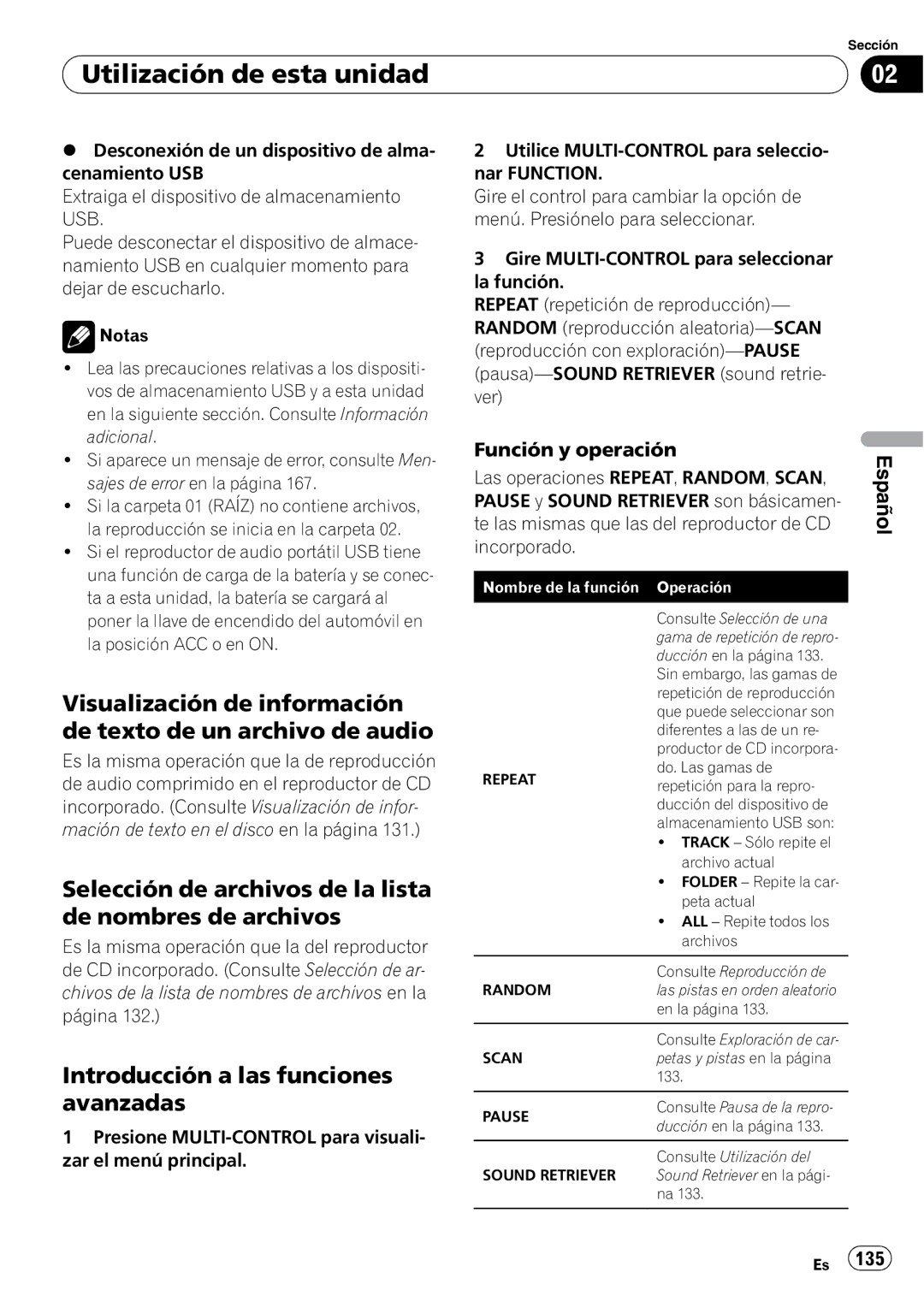 Pioneer DEH-P3100UB operation manual Introducción a las funciones, Avanzadas, Función y operación 