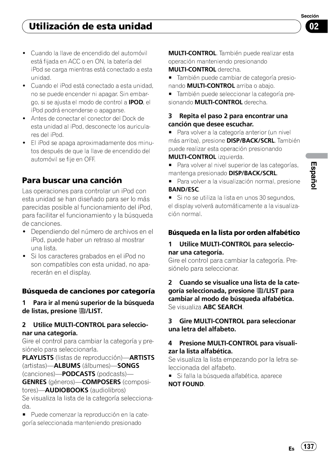 Pioneer DEH-P3100UB operation manual Para buscar una canción, Búsqueda de canciones por categoría, Not Found 