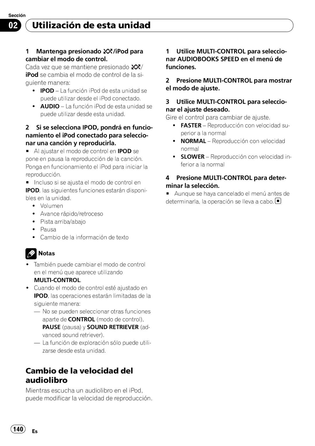 Pioneer DEH-P3100UB operation manual Cambio de la velocidad del audiolibro, 140 Es 