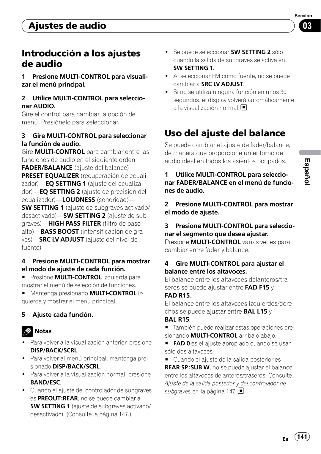 Pioneer DEH-P3100UB operation manual Ajustes de audio Introducción a los ajustes de audio, Uso del ajuste del balance 