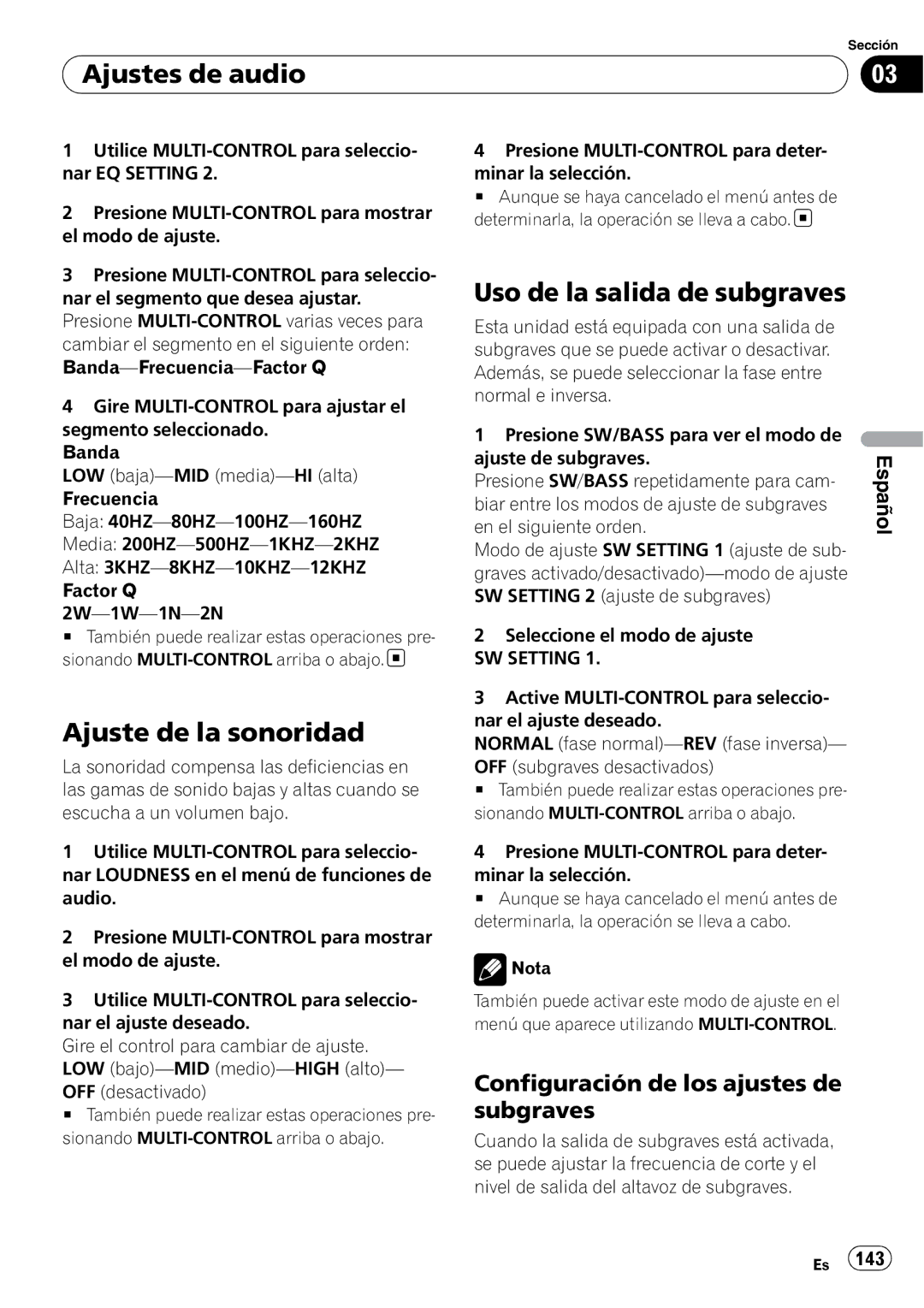 Pioneer DEH-P3100UB operation manual Ajustes de audio, Ajuste de la sonoridad, Uso de la salida de subgraves 