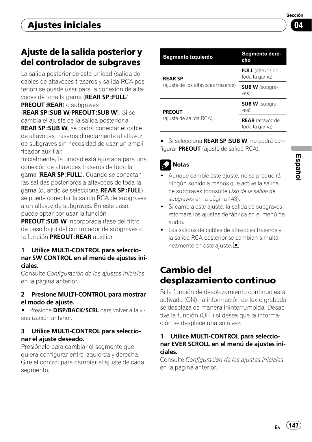 Pioneer DEH-P3100UB Cambio del desplazamiento continuo, Preoutrear o subgraves Rear SP SUB W/PREOUTSUB W. Si se 