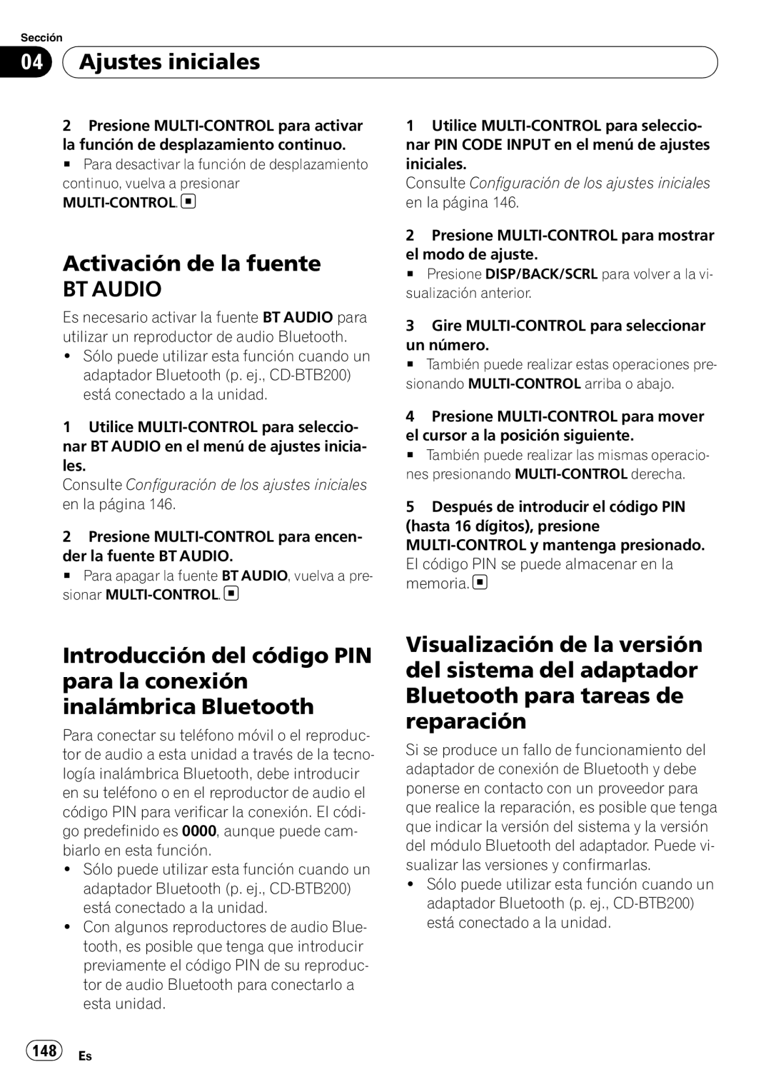 Pioneer DEH-P3100UB operation manual Activación de la fuente, 148 Es 