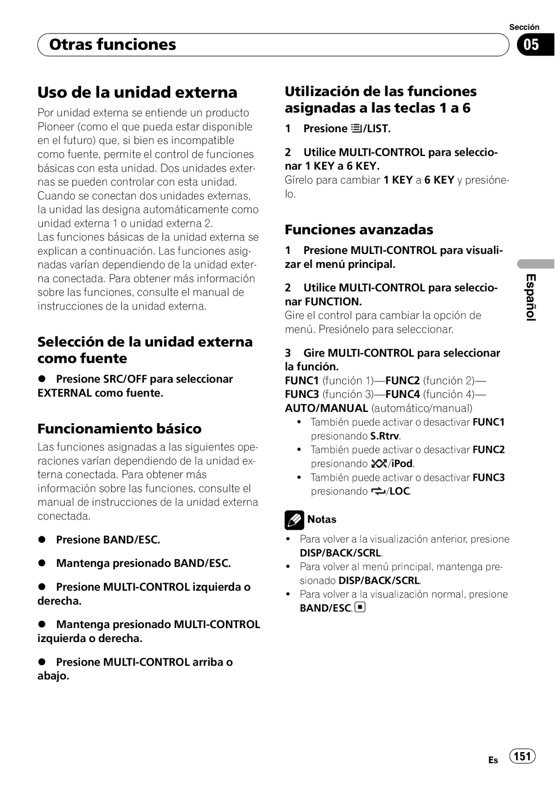 Pioneer DEH-P3100UB Otras funciones Uso de la unidad externa, Utilización de las funciones asignadas a las teclas 1 a 