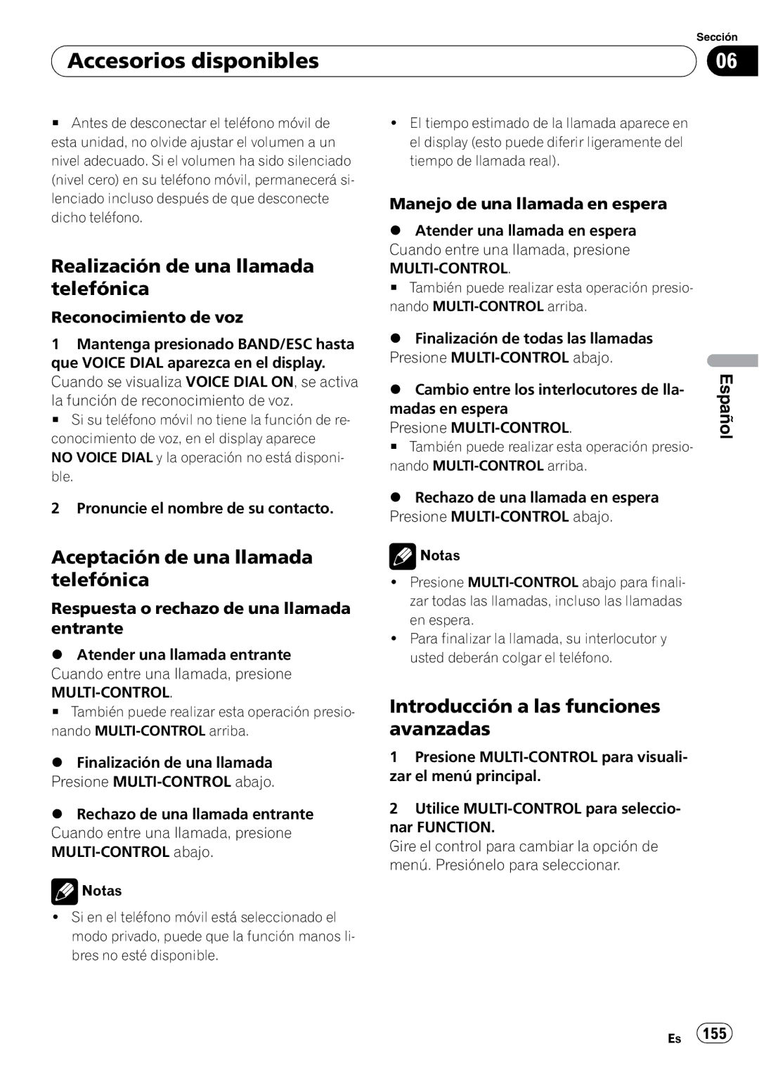 Pioneer DEH-P3100UB Realización de una llamada telefónica, Aceptación de una llamada telefónica, Reconocimiento de voz 