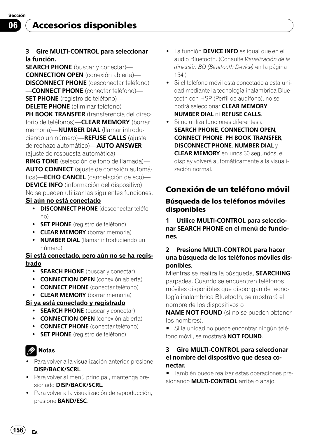 Pioneer DEH-P3100UB operation manual Conexión de un teléfono móvil, Búsqueda de los teléfonos móviles disponibles, 156 Es 