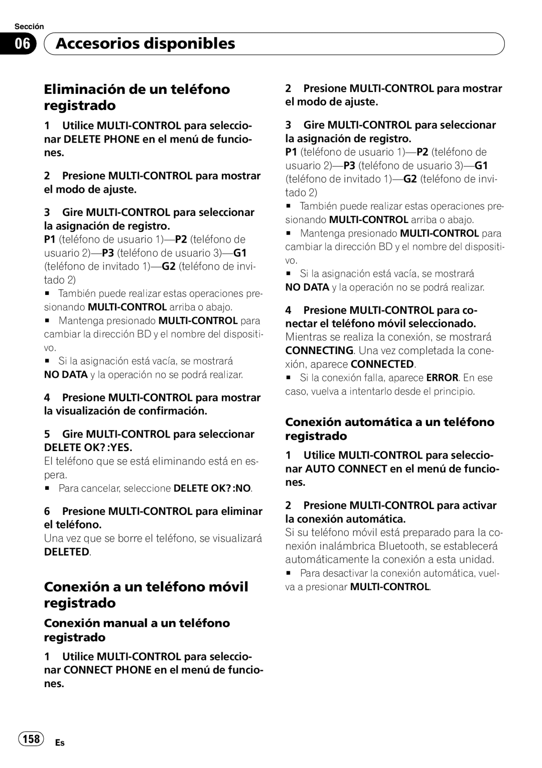 Pioneer DEH-P3100UB operation manual Eliminación de un teléfono registrado, Conexión a un teléfono móvil registrado, 158 Es 