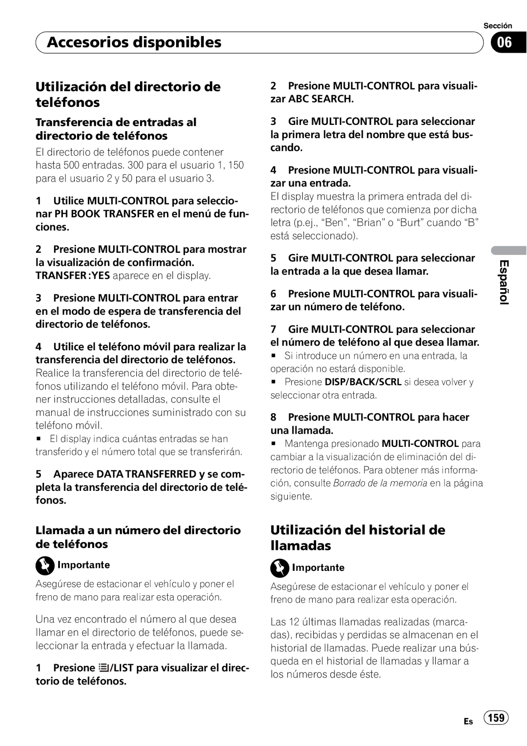 Pioneer DEH-P3100UB operation manual Utilización del directorio de teléfonos, Utilización del historial de llamadas 