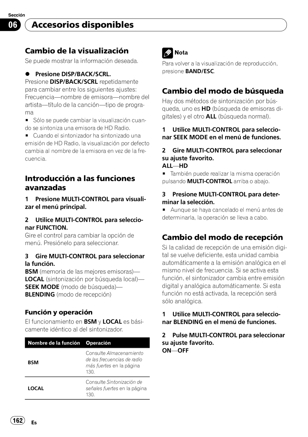 Pioneer DEH-P3100UB Cambio de la visualización, Cambio del modo de búsqueda, Cambio del modo de recepción, 162 Es 