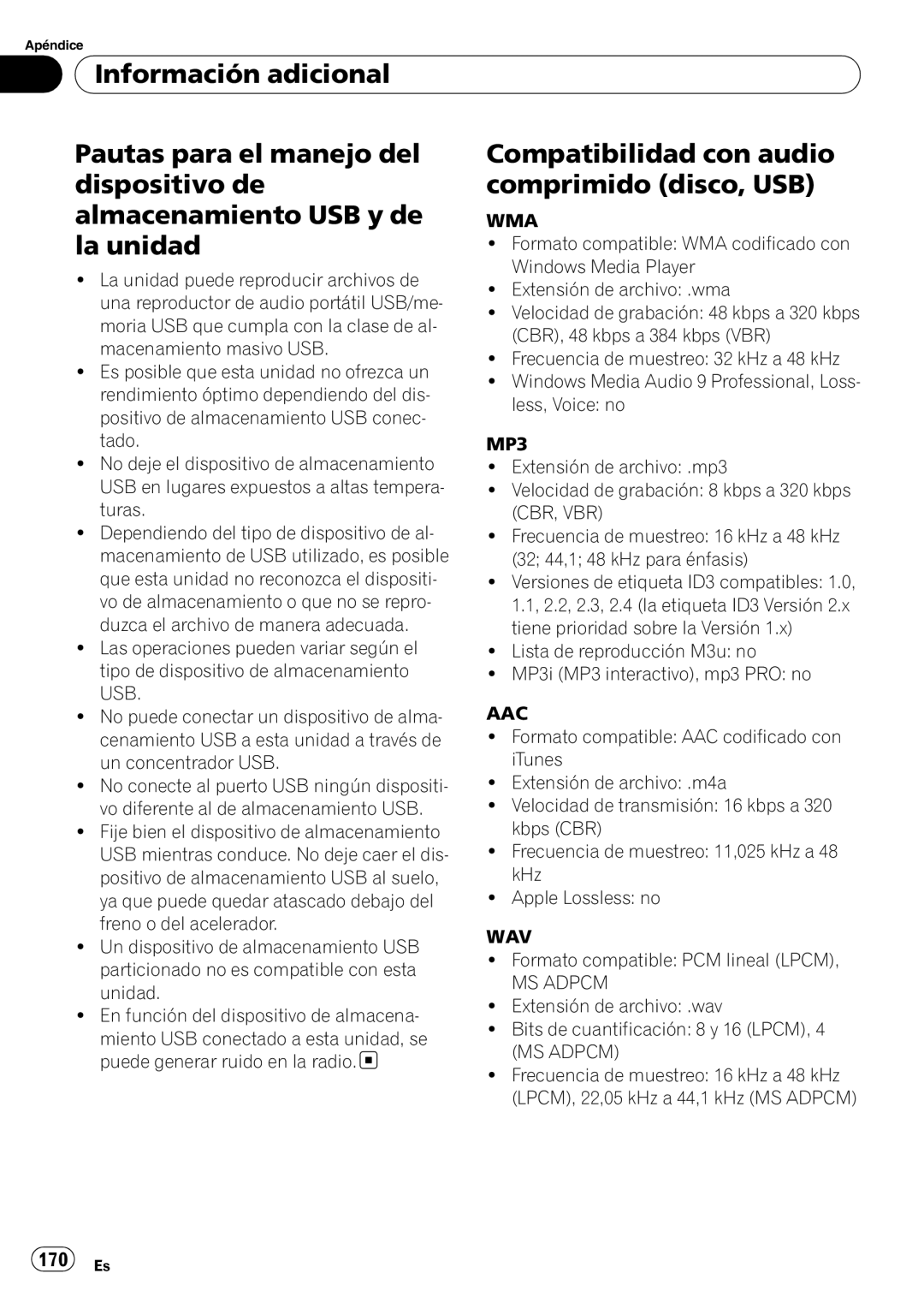 Pioneer DEH-P3100UB operation manual La unidad, 170 Es, Cbr, Vbr, Usb Aac 