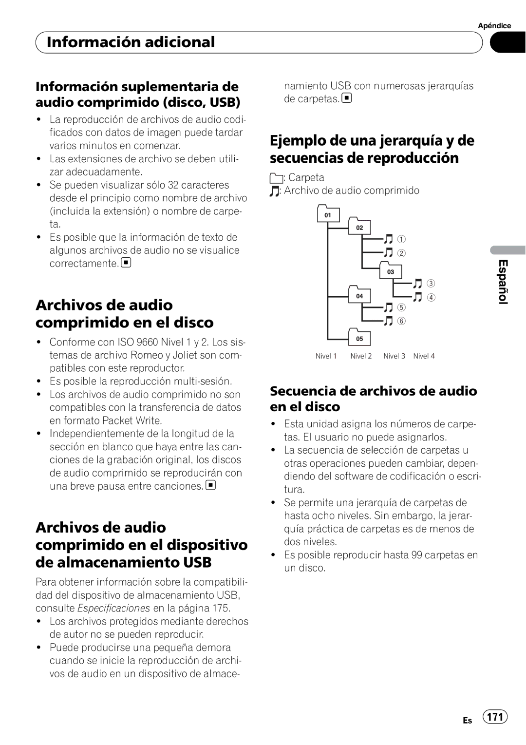 Pioneer DEH-P3100UB Archivos de audio comprimido en el disco, Ejemplo de una jerarquía y de secuencias de reproducción 