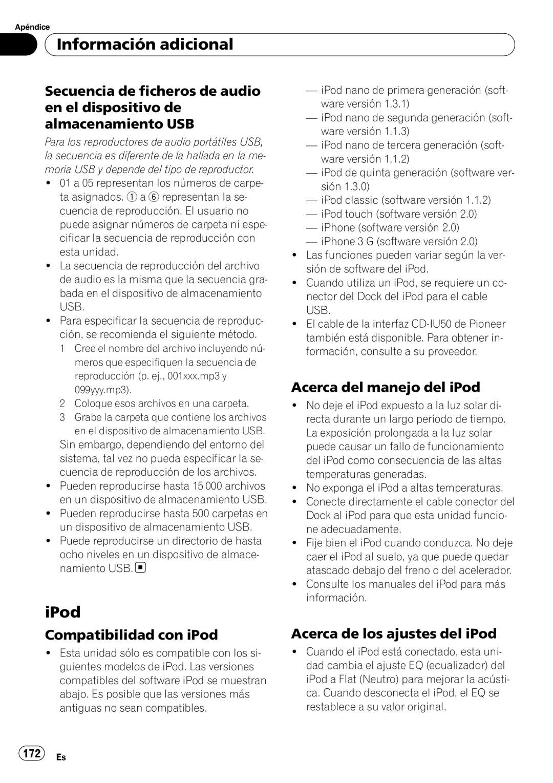 Pioneer DEH-P3100UB Compatibilidad con iPod, Acerca del manejo del iPod, Acerca de los ajustes del iPod, 172 Es 