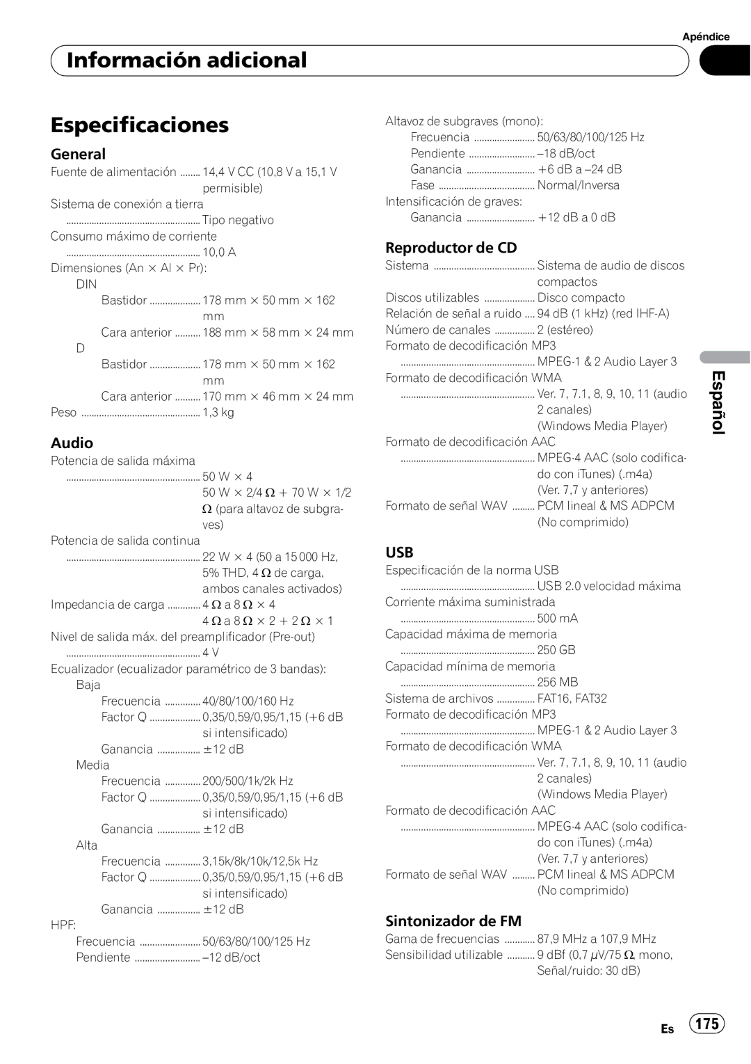 Pioneer DEH-P3100UB operation manual Información adicional Especificaciones, Reproductor de CD, Sintonizador de FM 