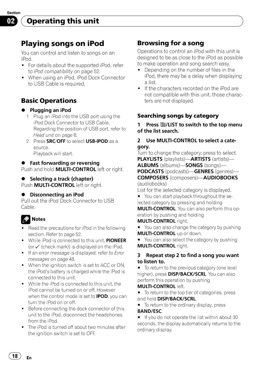 Pioneer DEH-P3100UB Operating this unit Playing songs on iPod, Browsing for a song, Searching songs by category, Band/Esc 