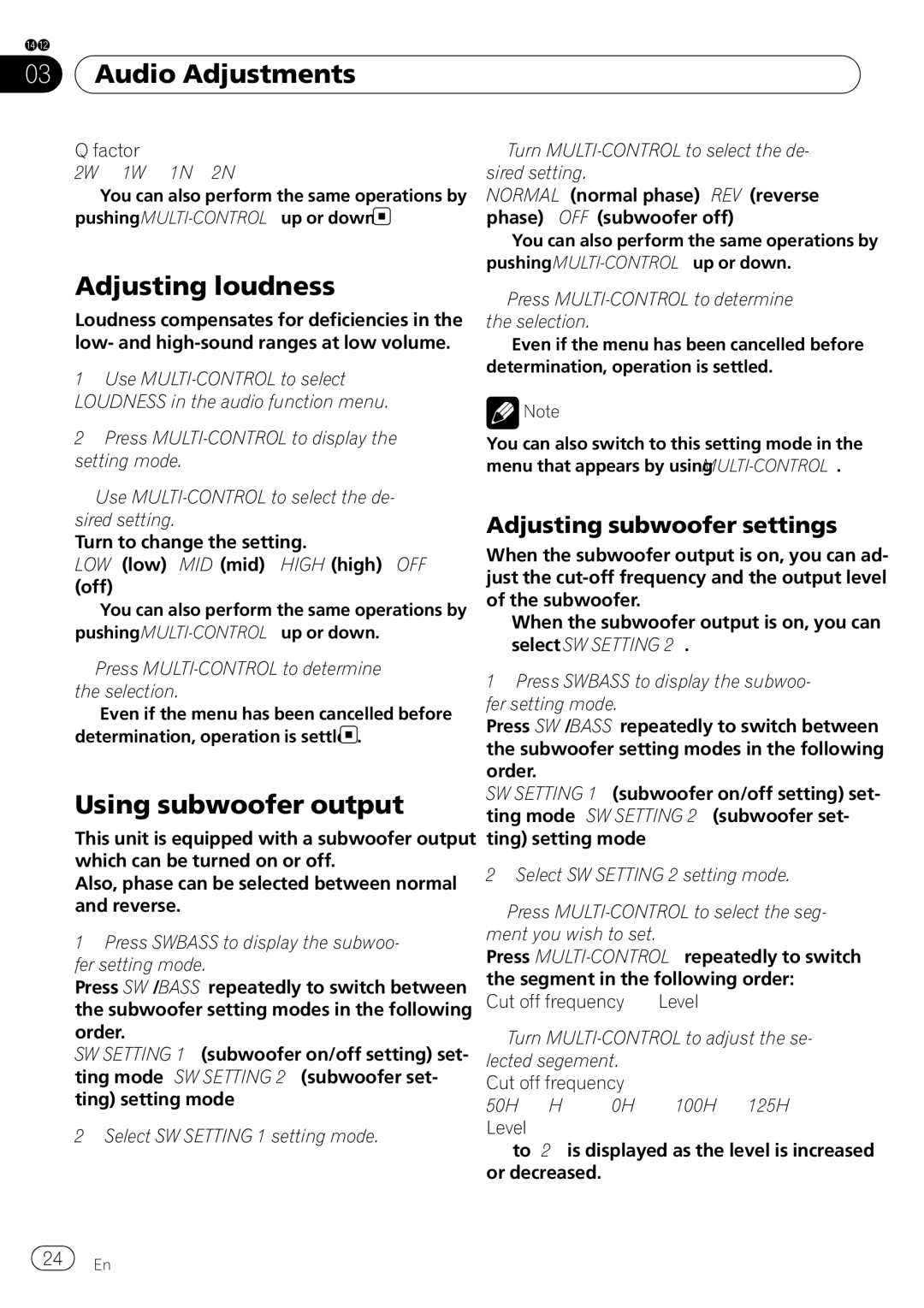 Pioneer DEH-P3100UB operation manual Adjusting loudness, Using subwoofer output, Adjusting subwoofer settings 