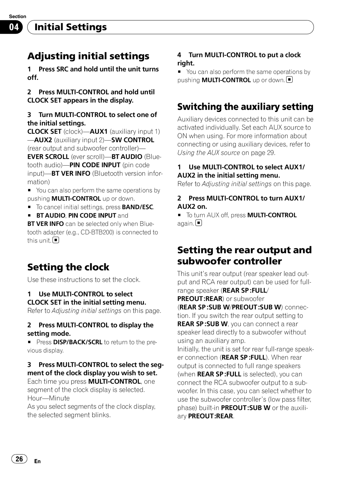 Pioneer DEH-P3100UB Initial Settings Adjusting initial settings, Setting the clock, Switching the auxiliary setting 