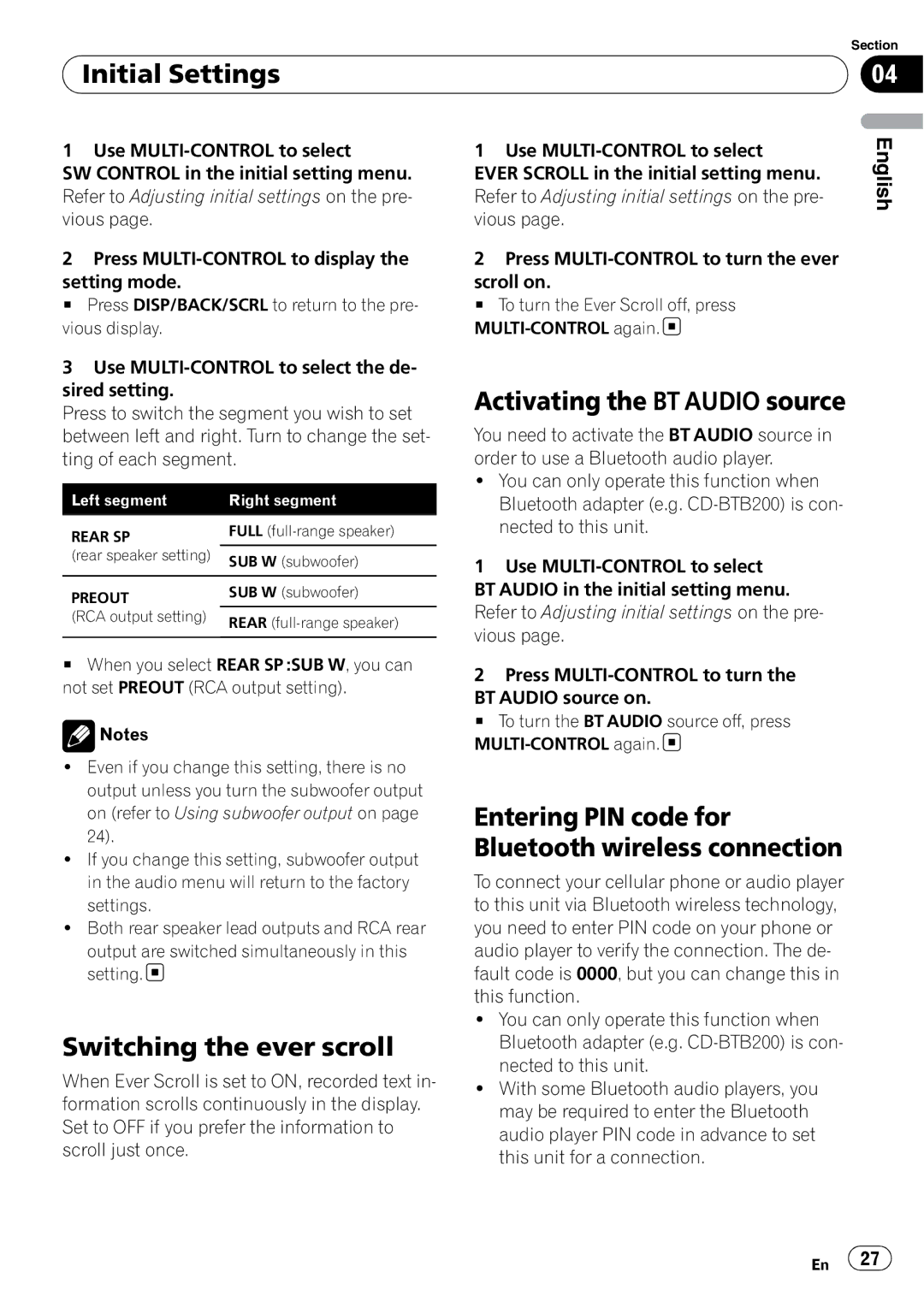 Pioneer DEH-P3100UB operation manual Initial Settings, Activating the BT Audio source, Switching the ever scroll 