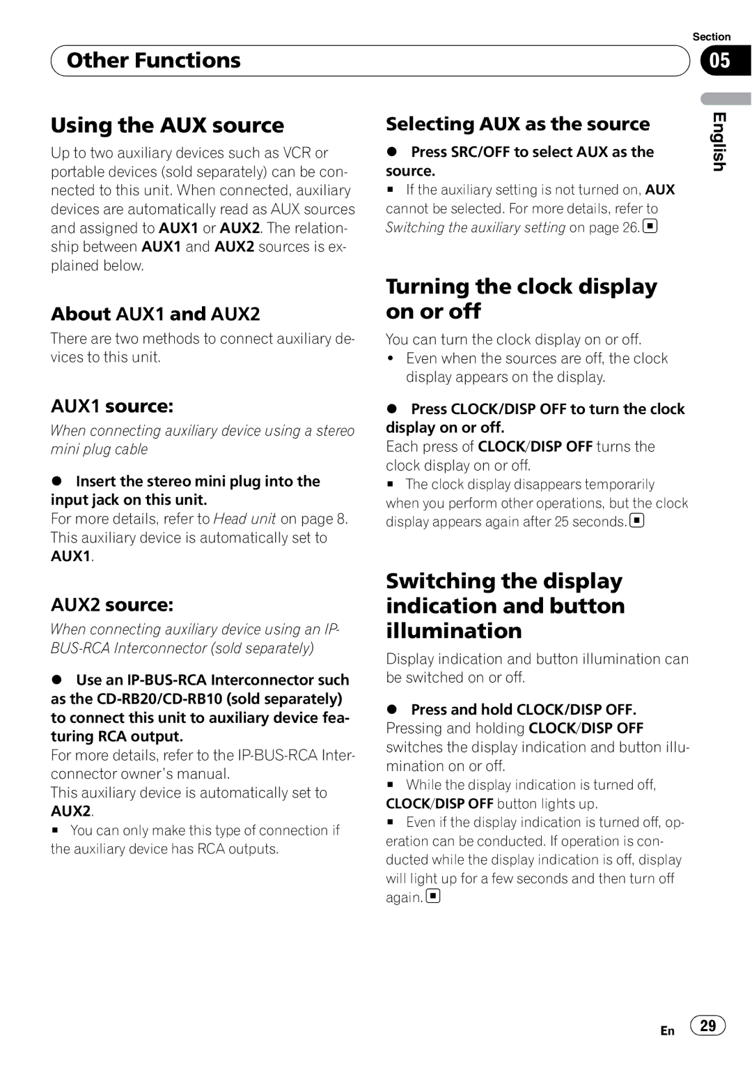 Pioneer DEH-P3100UB operation manual Other Functions Using the AUX source, Turning the clock display on or off 