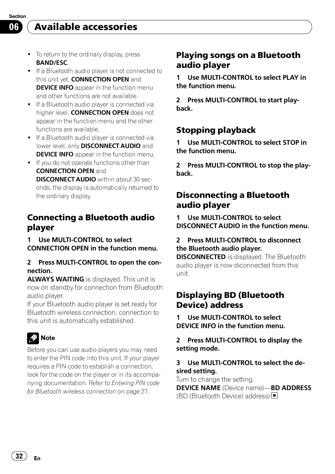 Pioneer DEH-P3100UB operation manual Available accessories, Playing songs on a Bluetooth audio player, Stopping playback 