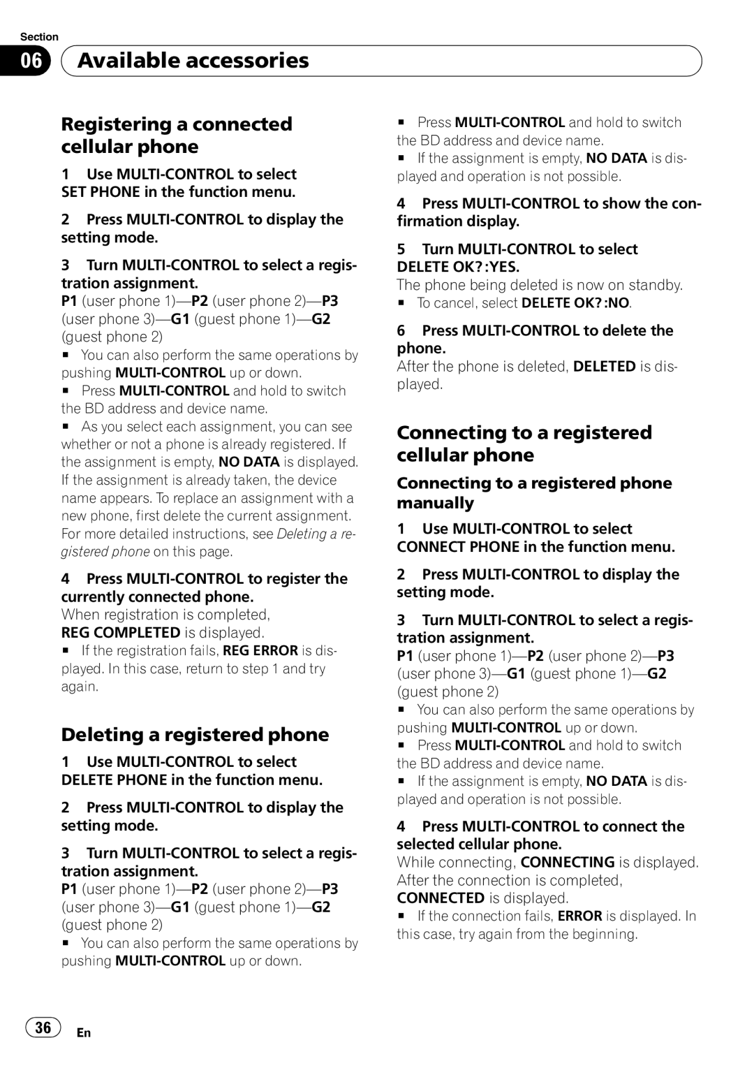 Pioneer DEH-P3100UB operation manual Registering a connected cellular phone, Deleting a registered phone, Delete OK? YES 