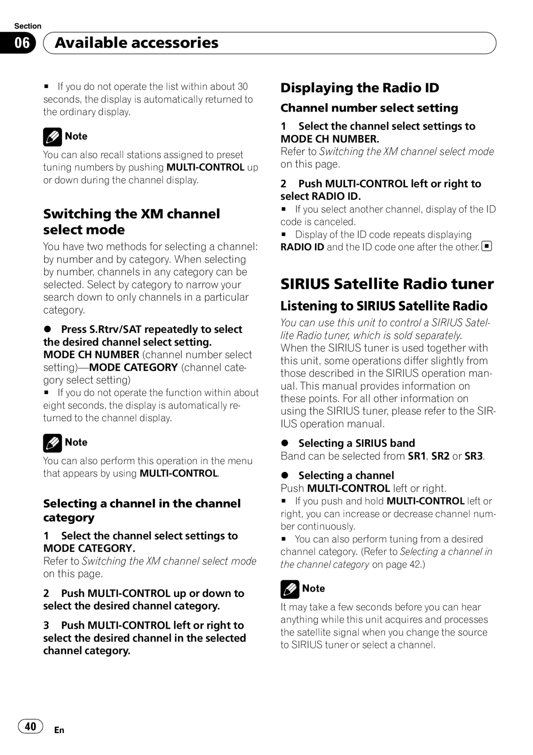 Pioneer DEH-P3100UB Sirius Satellite Radio tuner, Switching the XM channel select mode, Displaying the Radio ID 