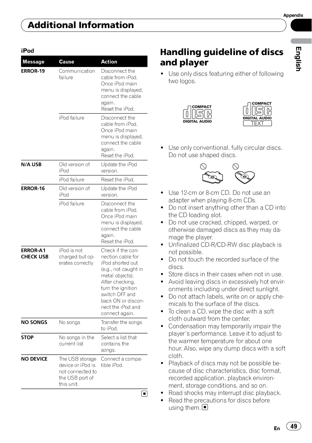 Pioneer DEH-P3100UB operation manual Additional Information, Handling guideline of discs and player 