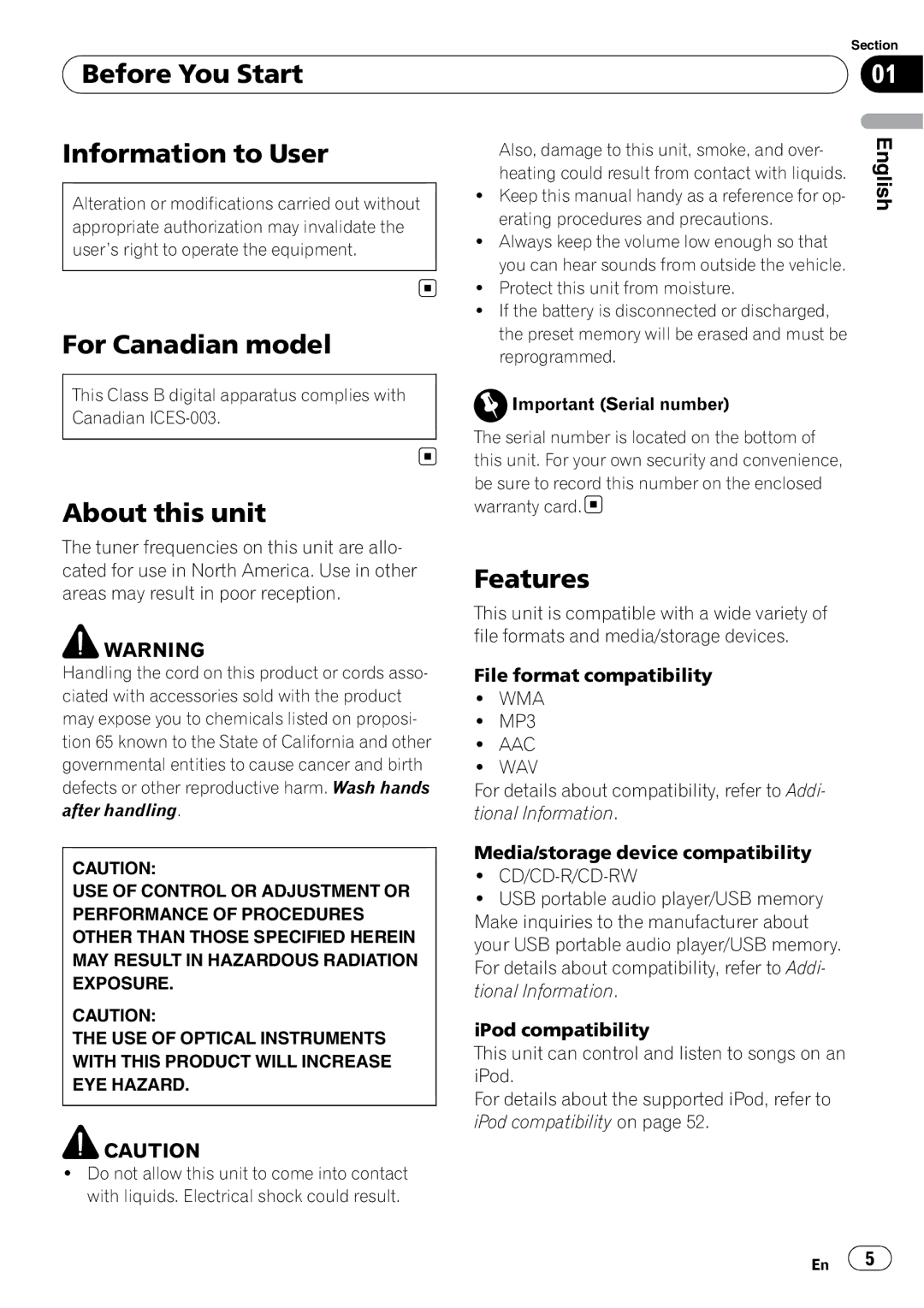 Pioneer DEH-P3100UB operation manual Before You Start Information to User, For Canadian model, About this unit, Features 