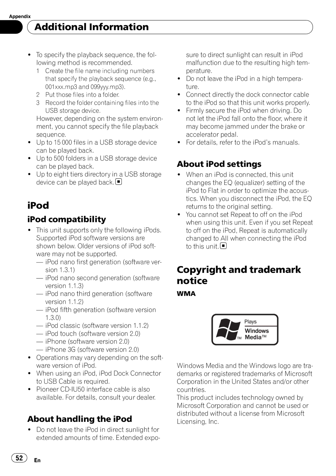 Pioneer DEH-P3100UB Copyright and trademark notice, IPod compatibility, About handling the iPod, About iPod settings 