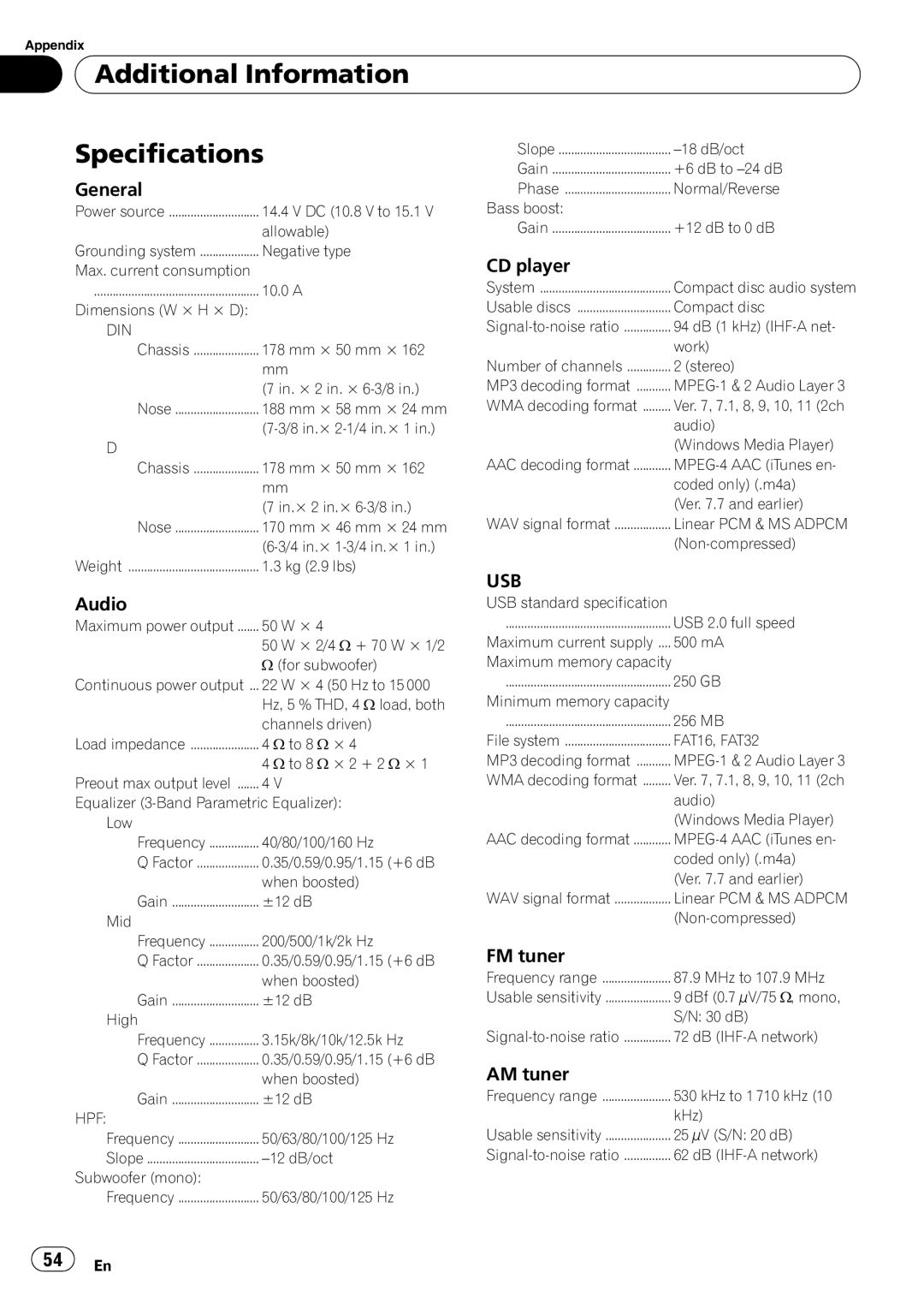 Pioneer DEH-P3100UB operation manual Additional Information Specifications, Usb 