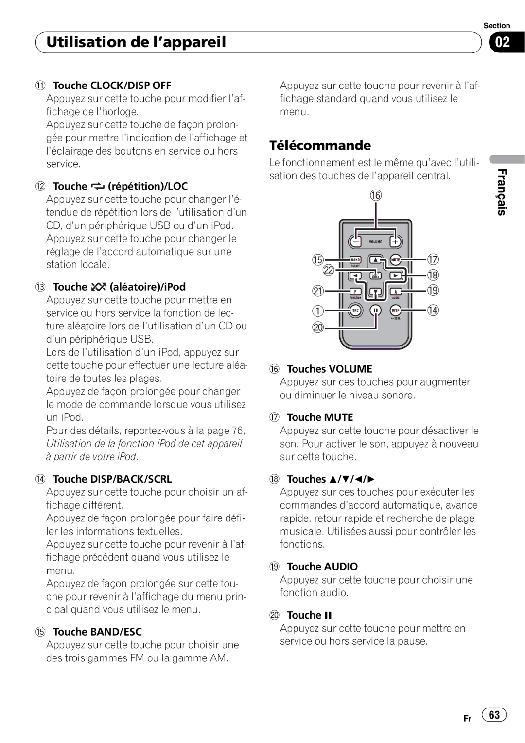 Pioneer DEH-P3100UB operation manual Utilisation de l’appareil, Télécommande 