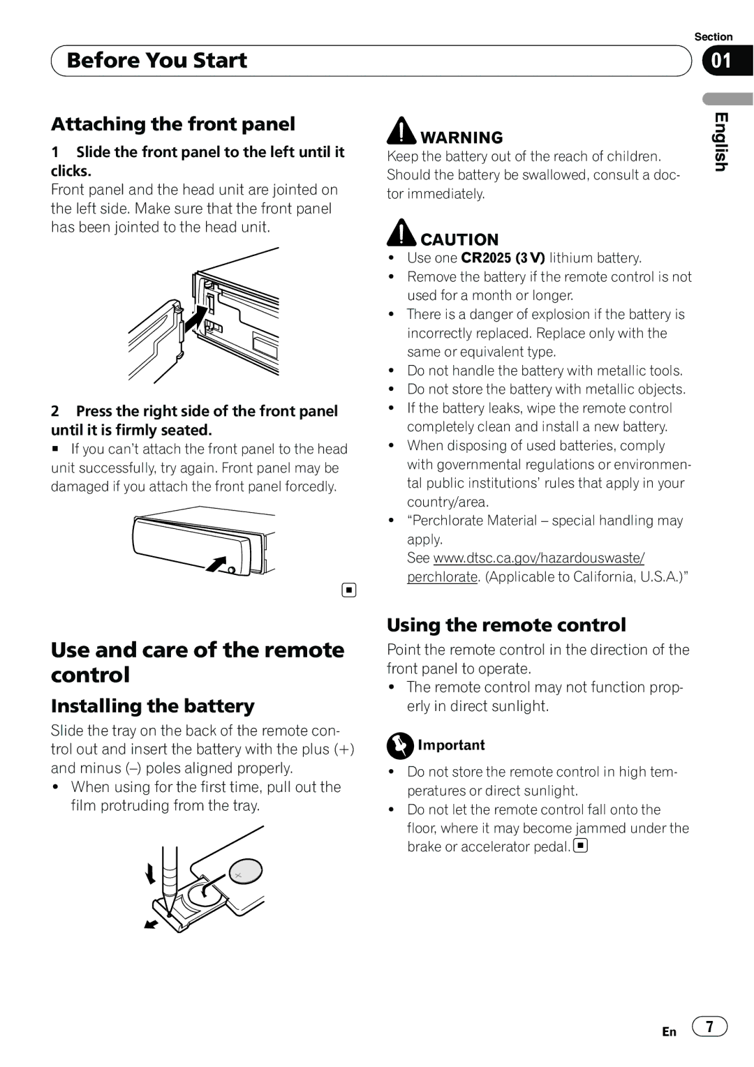 Pioneer DEH-P3100UB operation manual Use and care of the remote control, Attaching the front panel, Installing the battery 