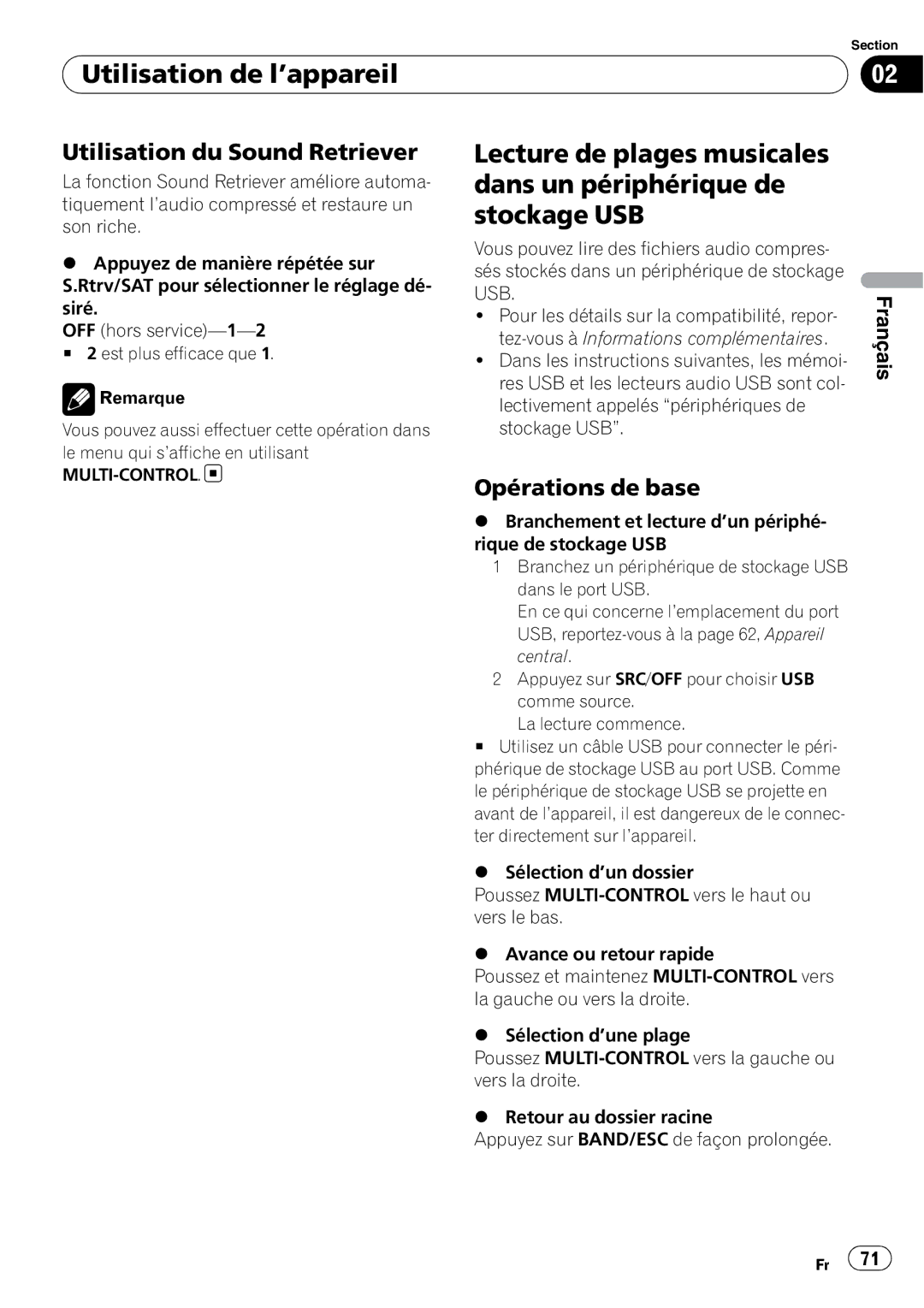 Pioneer DEH-P3100UB operation manual Utilisation du Sound Retriever, Opérations de base 