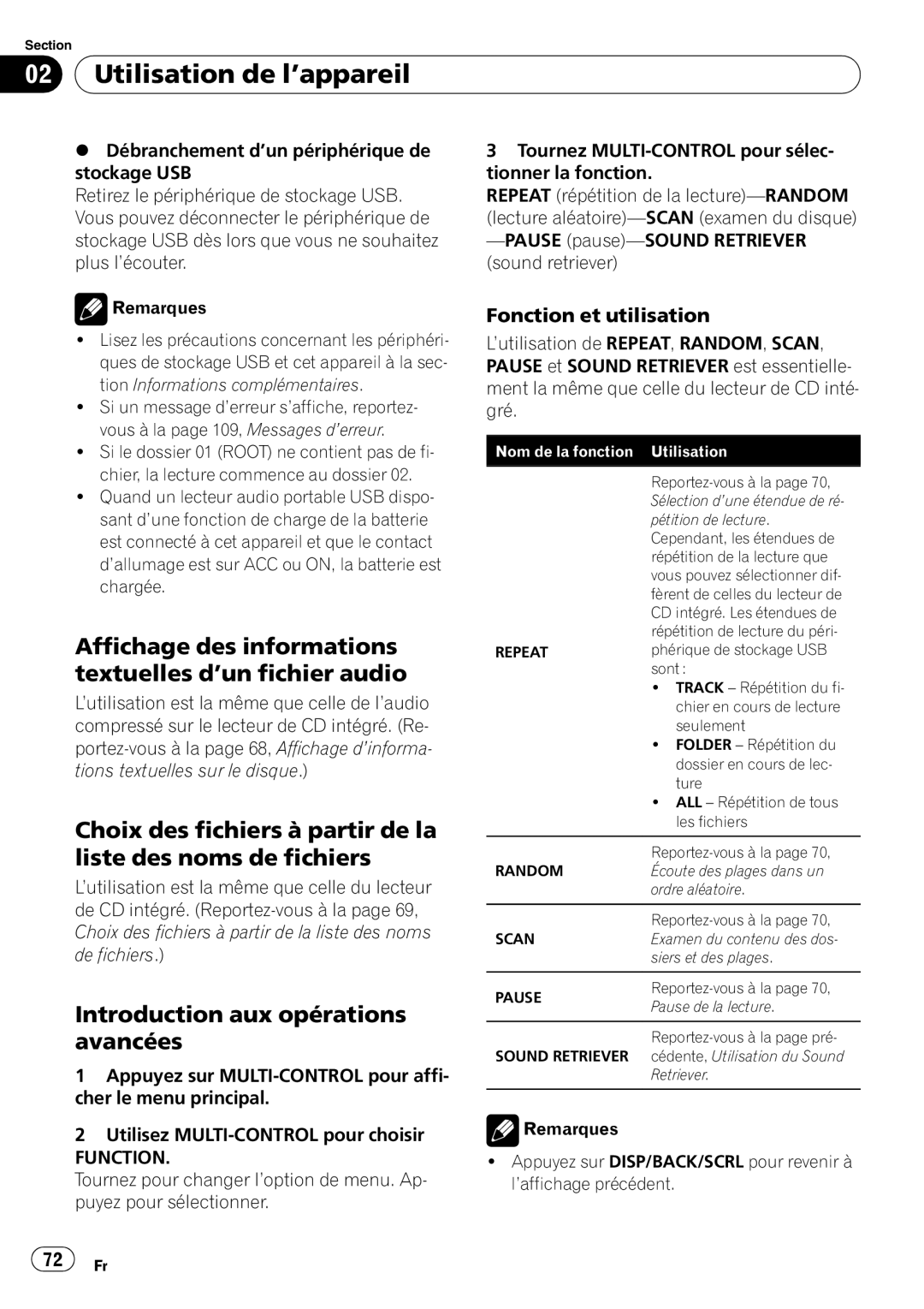 Pioneer DEH-P3100UB Affichage des informations textuelles d’un fichier audio, Introduction aux opérations, Avancées 