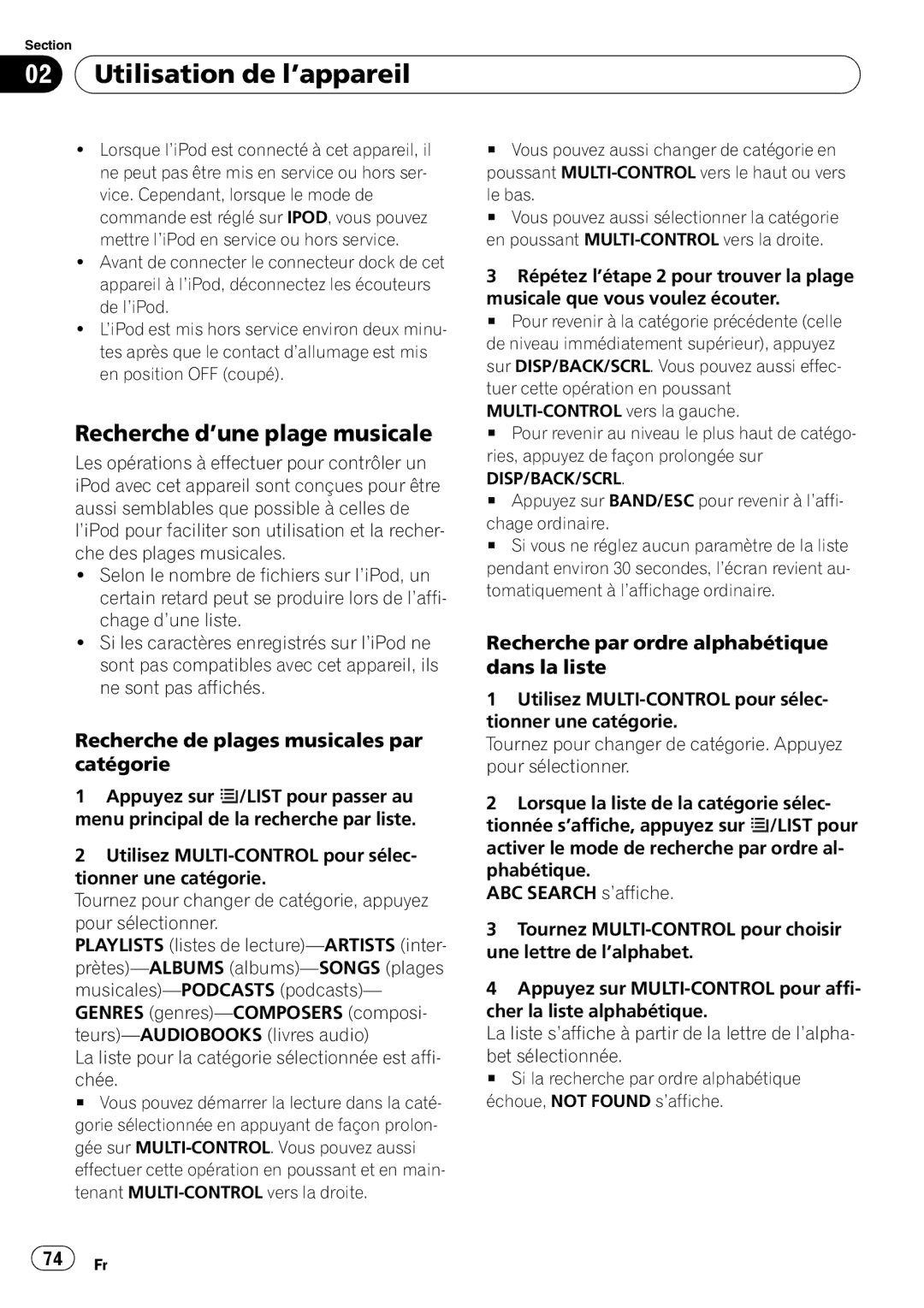 Pioneer DEH-P3100UB operation manual Recherche d’une plage musicale, Recherche de plages musicales par catégorie 