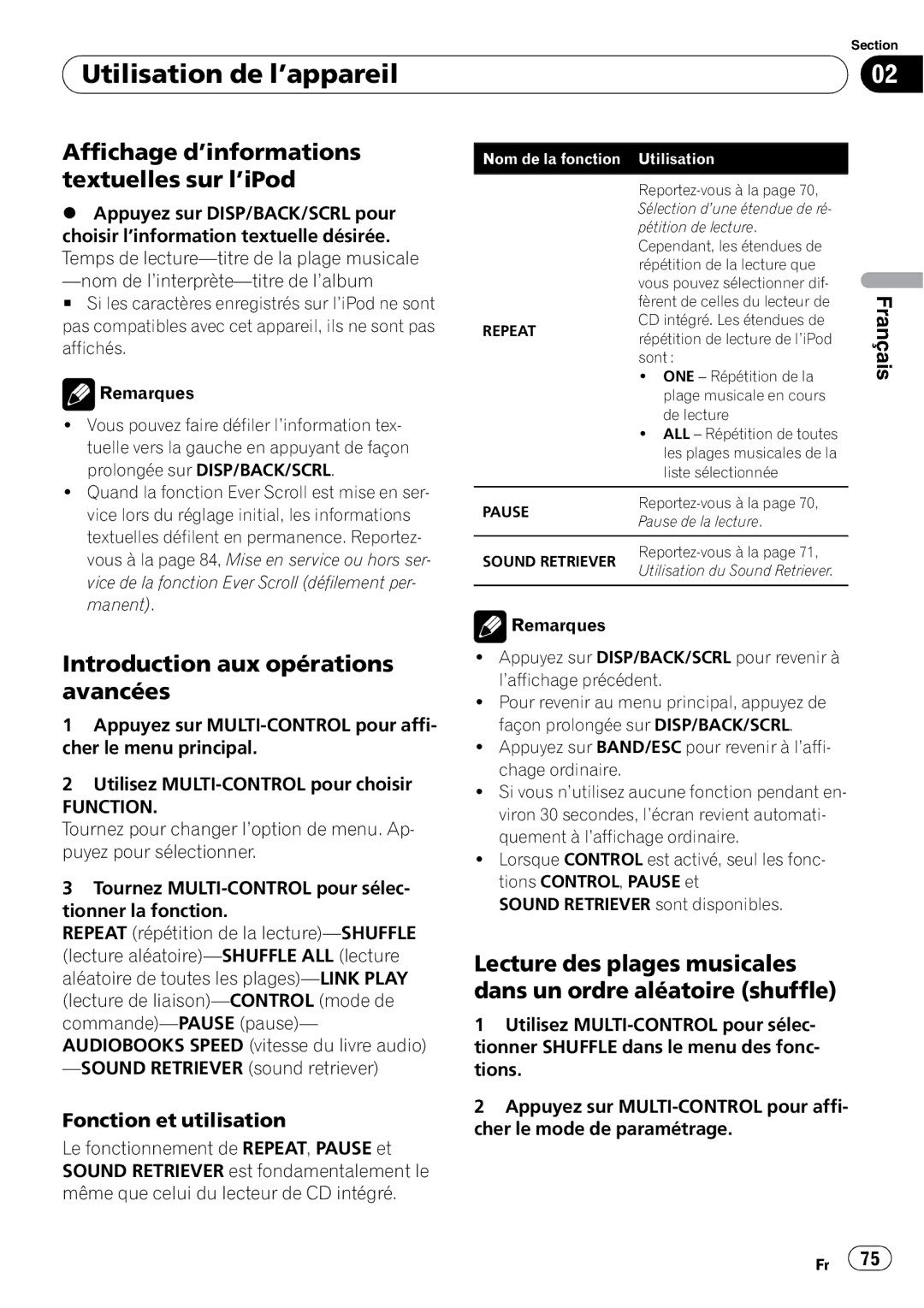 Pioneer DEH-P3100UB operation manual Affichage d’informations textuelles sur l’iPod, Prolongée sur DISP/BACK/SCRL, Manent 